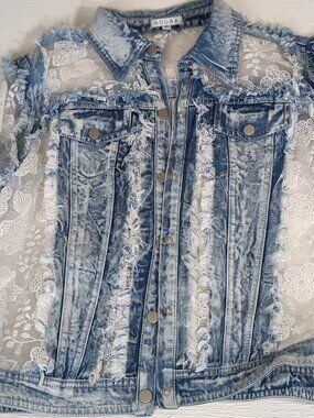 Adore Denim Jacket Sheer Floral Embroidered Lace Mesh Distressed Boho M